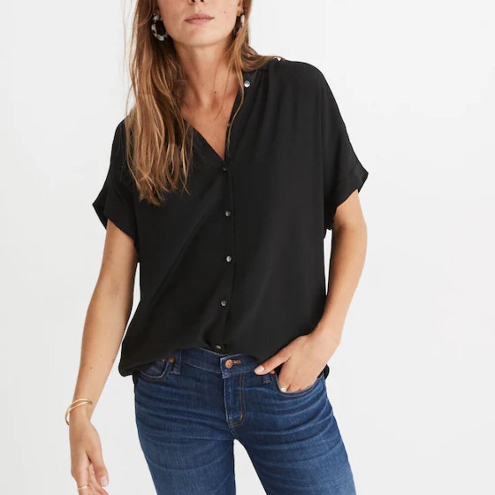 Madewell Women Top Sz‎ XS Black Central Drapey Button Down Hi Low Short Sleeve